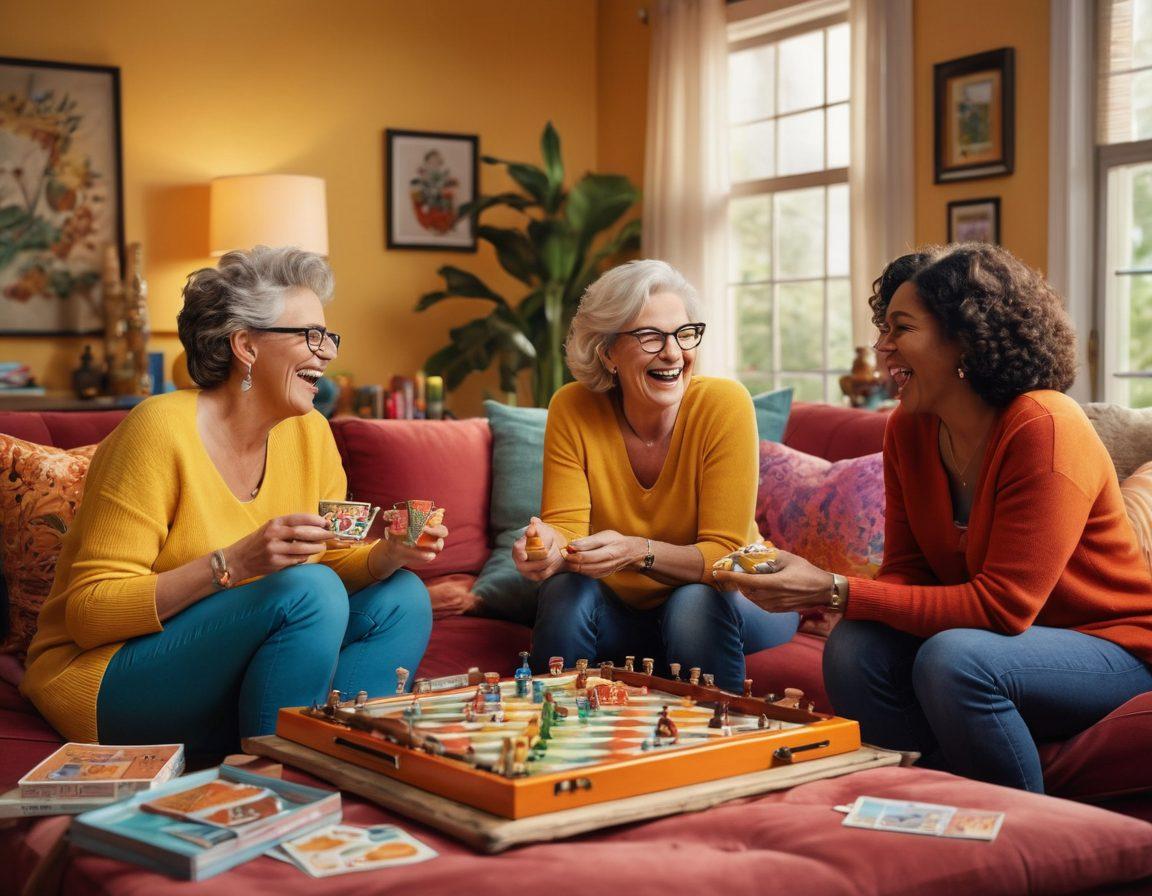 A vibrant scene depicting a group of mature friends laughing and sharing joyful moments over a game night, surrounded by colorful board games, snacks, and a cozy living room ambiance. The atmosphere is filled with warmth and light, showcasing the art of happiness in social interactions. Emphasizing diverse ages and genders to reflect inclusivity and joy. super-realistic. vibrant colors.