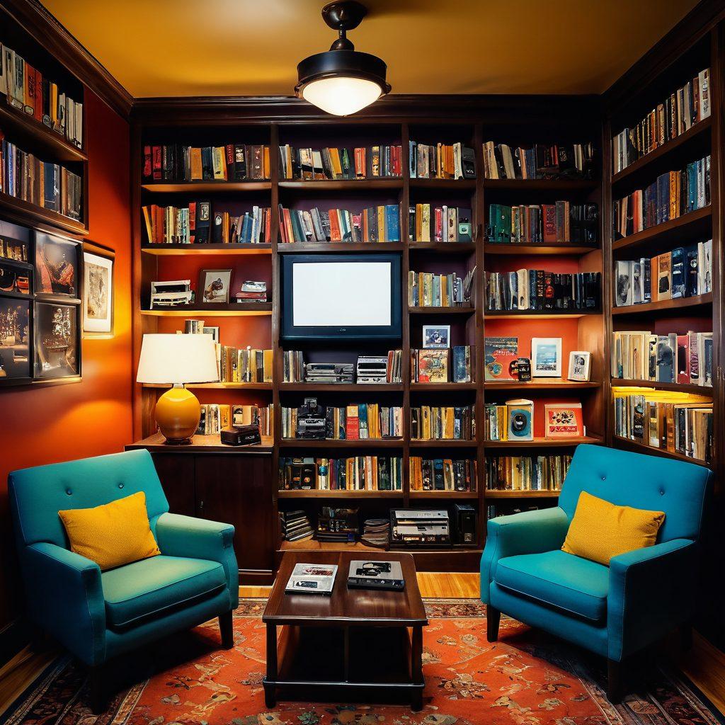 An artistic representation of an enchanting library filled with vintage video cassette tapes and reels, infused with elements of humor such as smiling characters enjoying the films. Soft, warm lighting creates a cozy atmosphere, with whimsical decorations like vintage movie posters and playful cartoon characters. A stylish armchair invites viewers to step in and join the experience. vibrant colors. cozy atmosphere. painting.