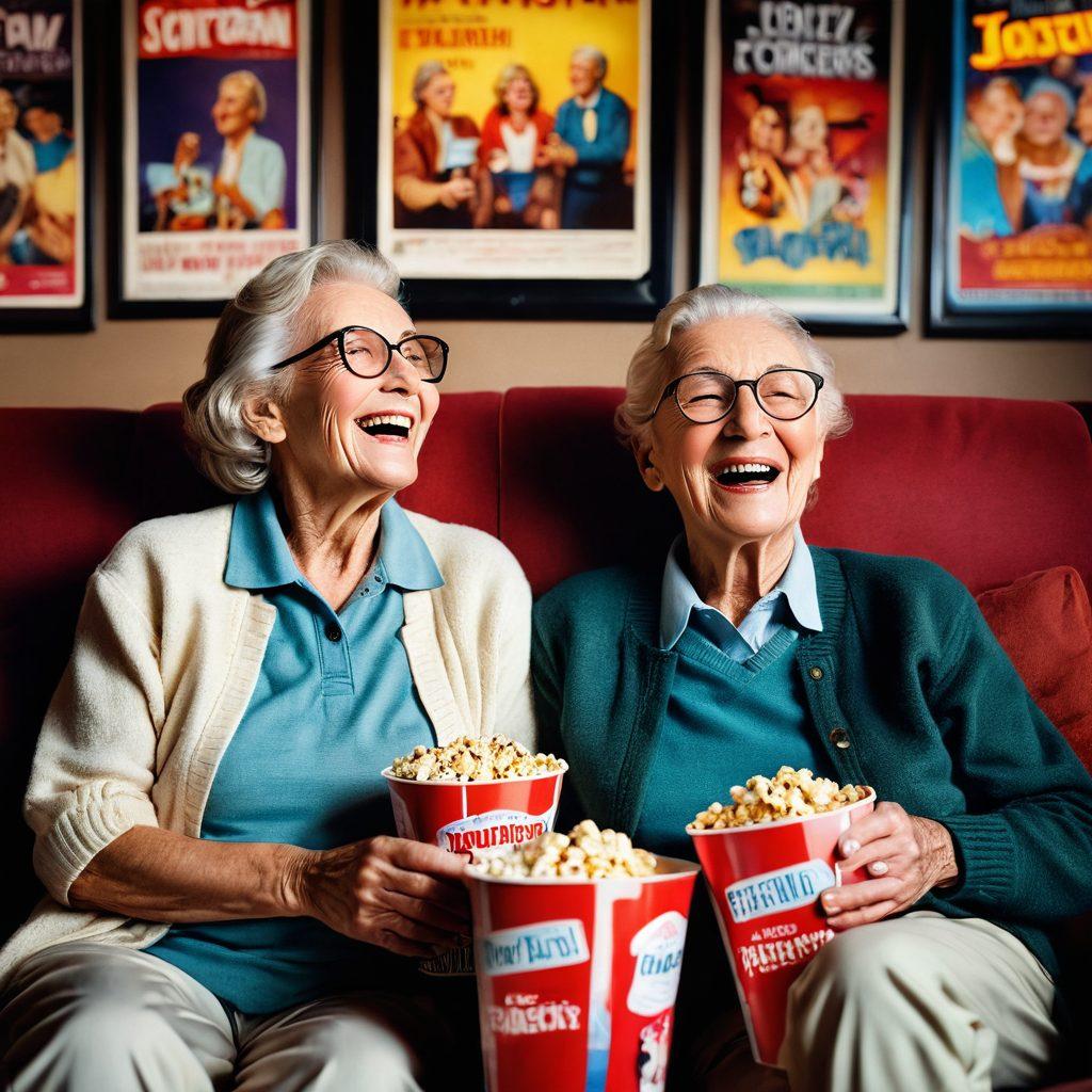 A serene cinema setting with an elderly couple laughing together while watching a classic joyful film, surrounded by vibrant movie posters from vintage comedies. Soft light illuminating their happy expressions, creating a warm and inviting atmosphere. Include elements like popcorn buckets and cozy blankets to enhance the feeling of comfort and joy. super-realistic. vibrant colors. warm tones.